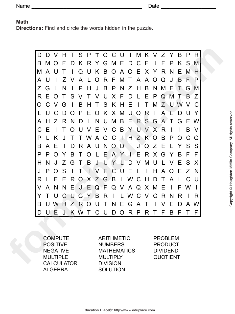 Math Word Search Puzzle