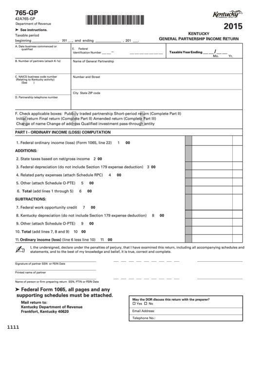 Fillable Form 765-Gp - Kentucky General Partnership Income Return - 2015 Printable pdf