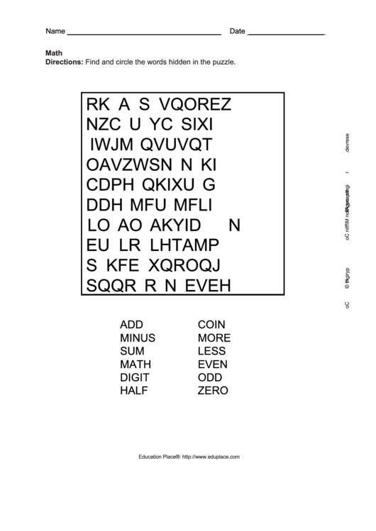 Math Word Search Puzzle Worksheet Printable pdf