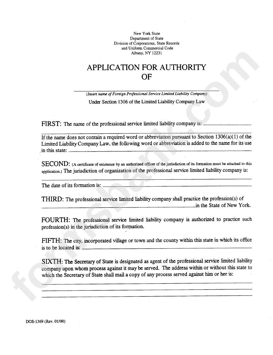 Form Dos-1369 - Application For Authority Of Foreign Professional Service Limited Liability Company