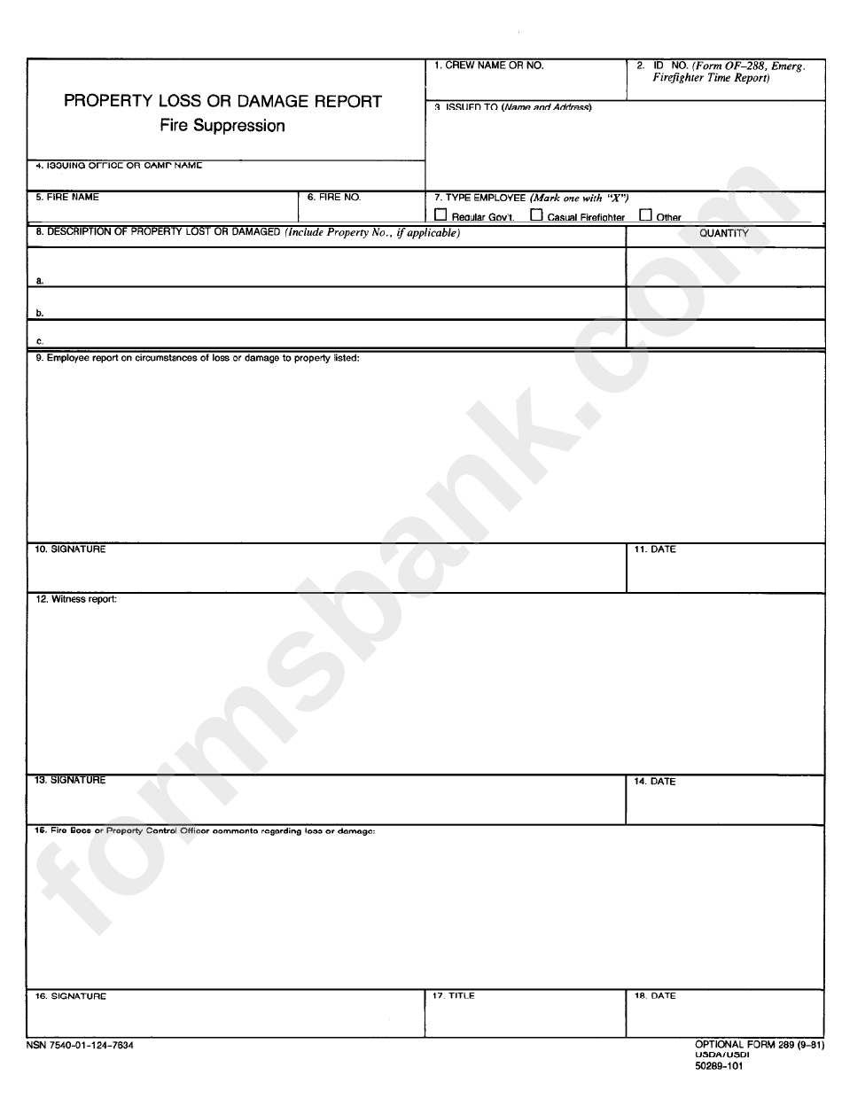 Optional Form 289 - Property Loss Or Damage Report - Fire Suppression