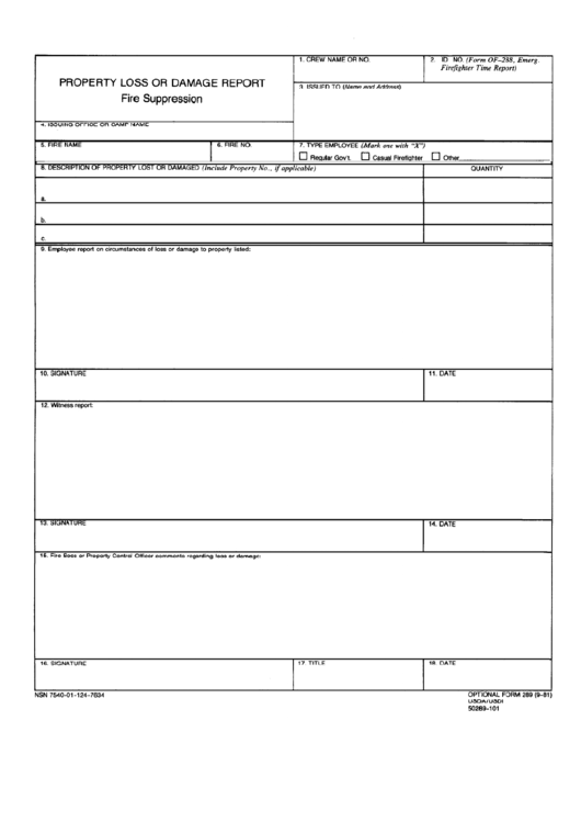 Optional Form 289 - Property Loss Or Damage Report - Fire Suppression Printable pdf