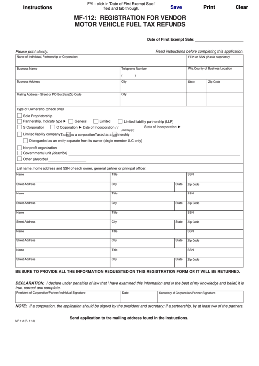 Fillable Form Mf-112 - Registration For Vendor Motor Vehicle Fuel Tax Refunds Printable pdf