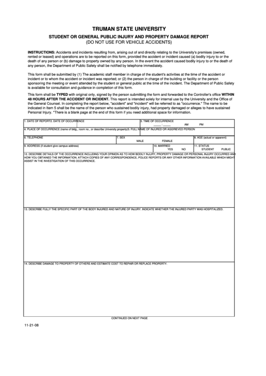 Fillable Student Or General Public Injury And Property Damage Report Form Printable pdf