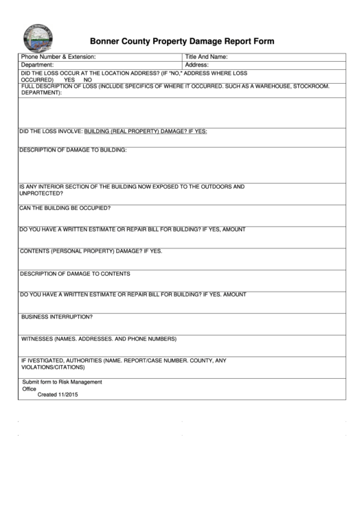 Fillable Bonner County Property Damage Report Form Printable pdf