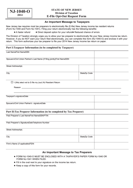 Fillable Form Nj-1040-O - E-File Opt-Out Request Form - 2014 Printable pdf
