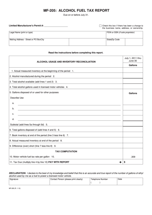 Fillable Form Mf-205 - Alcohol Fuel Tax Report Printable pdf