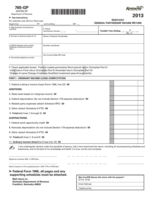 Form 765-Gp - Kentucky General Partnership Income Return - 2013 Printable pdf