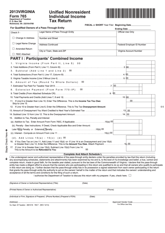 Fillable Form 765 - Unified Nonresident Individual Income Tax Return - 2013 Printable pdf