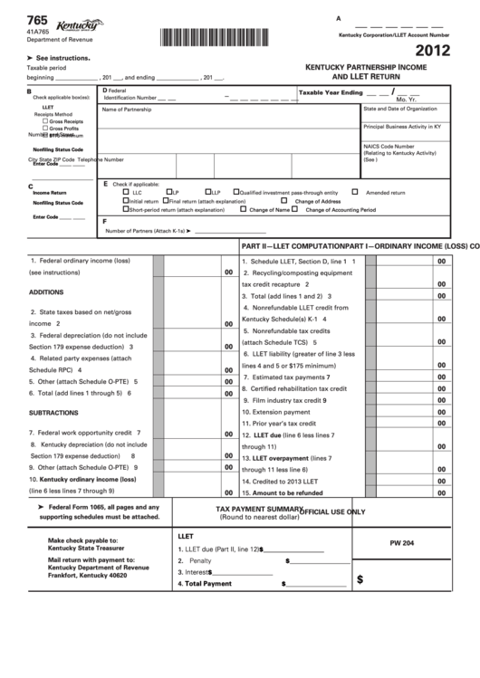 Form 765 - Kentucky Partnership Income And Llet Return - 2012 Printable pdf