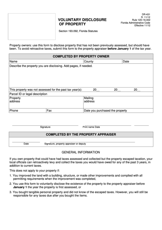Form Dr-431 - Voluntary Disclosure Florida Administrative Code Of Property - Printable pdf