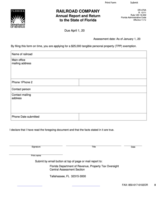 Fillable Form Dr-470a - Railroad Company Annual Report And Return To The State Of Florida Printable pdf