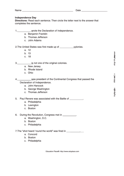 Independence Day Quiz Worksheet Printable pdf