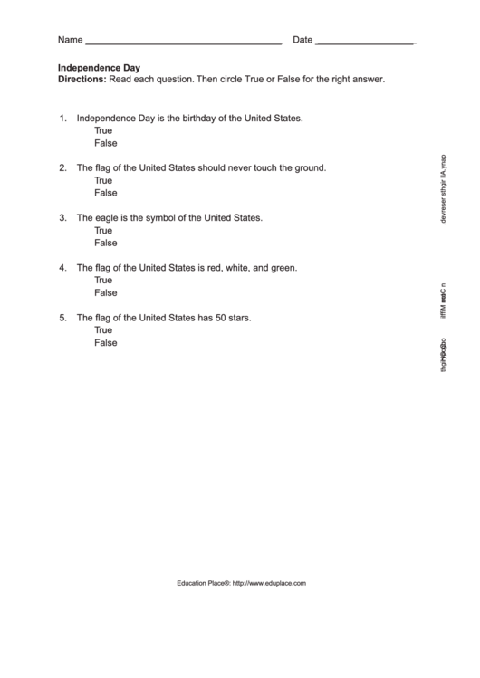 Independence Day Quiz Worksheet Printable pdf