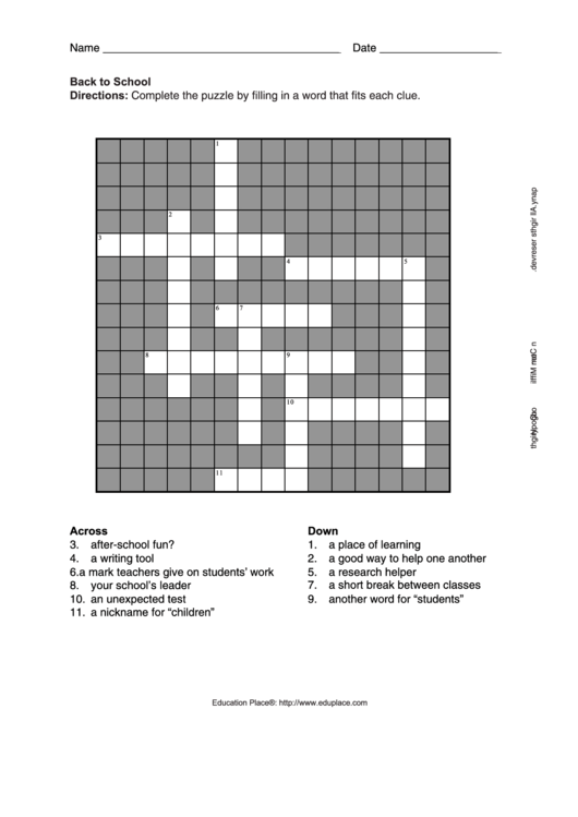 Back To School Cross Word Puzzle Printable pdf
