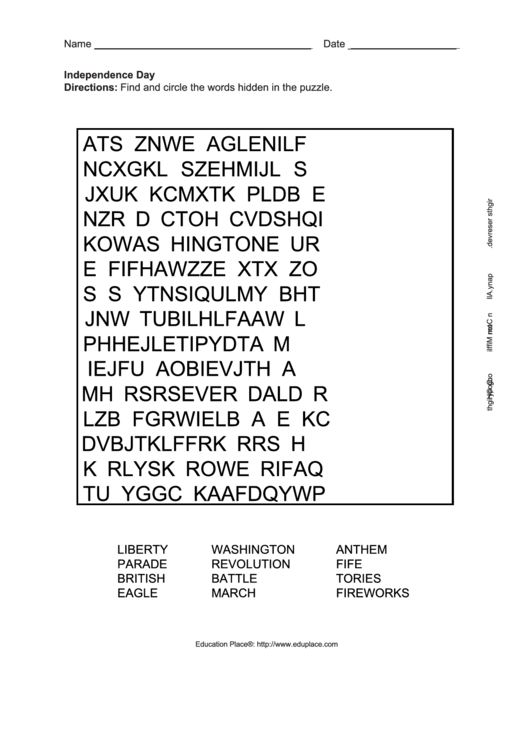 Independence Day Word Search Worksheet Printable pdf