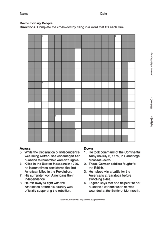 Revolutionary People Cross Word Puzzle Template Printable pdf