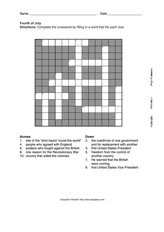 Fourth Of July Cross Word Puzzle Template Printable pdf