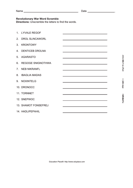 Revolutionary War Word Scramble Worksheet Printable pdf