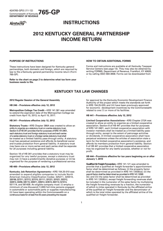 Form 765-Gp - Kentucky General Partnership Income Return - 2012 Printable pdf