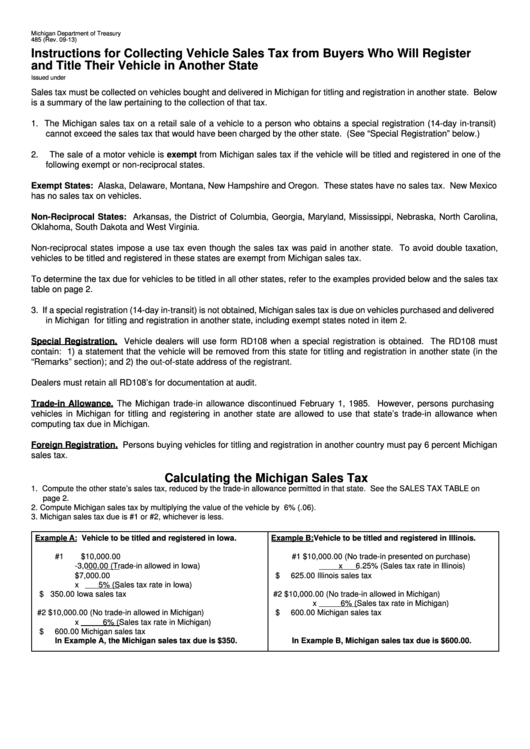 Form 485 - Instructions For Collecting Vehicle Sales Tax From Buyers Who Will Register And Title Their Vehicle In Another State Printable pdf