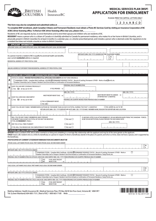 Fillable Application For Enrolment - British Columbia Health Insurance Bc Printable pdf