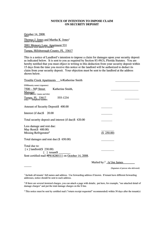 Notice Of Intention To Impose Claim On Security Deposit Printable pdf