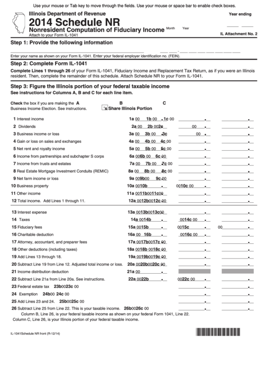 Fillable Form Il-1041 - Schedule Nr Nonresident Computation Of Fiduciary Income - 2014 Printable pdf