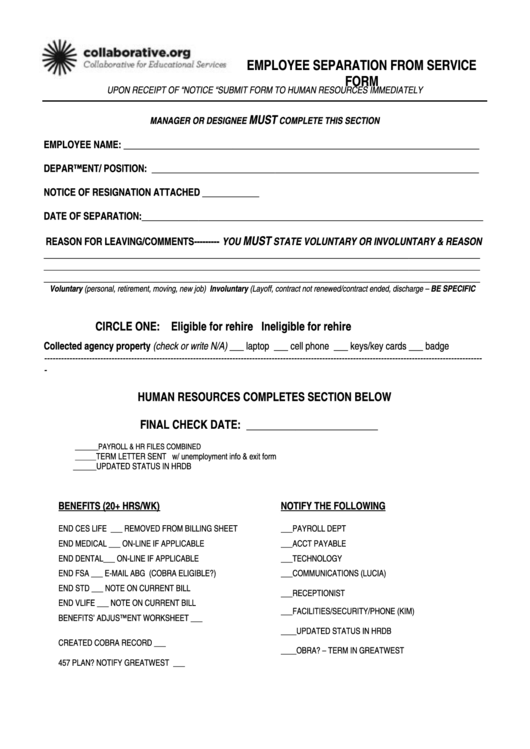 Fillable Employee Separation From Service Form Printable pdf
