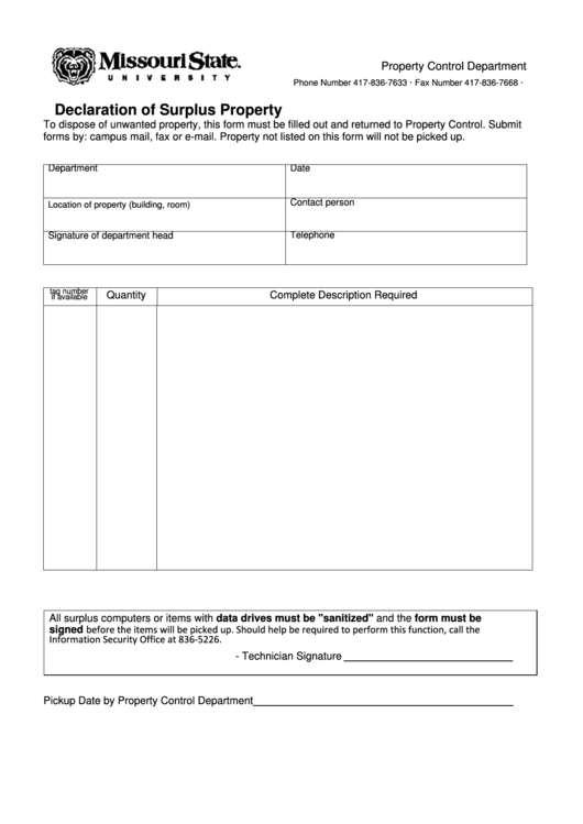 Declaration Of Surplus Property Form Printable pdf
