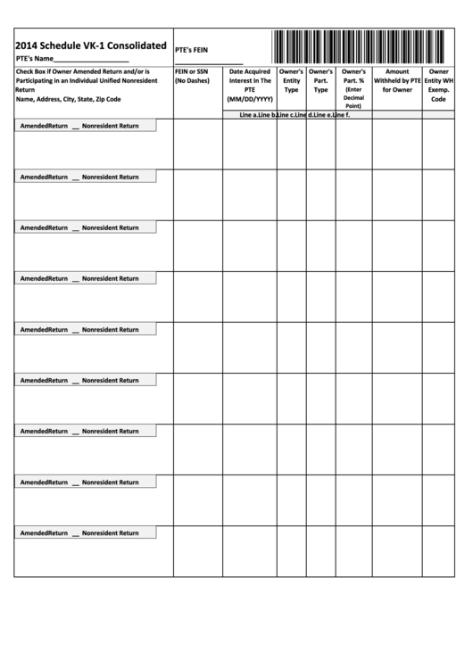 Fillable Schedule Vk-1 Consolidated Form - 2014 Printable pdf