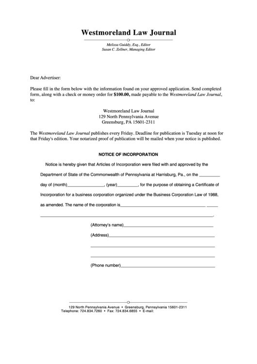 Notice Of Incorporation - Commonwealth Of Pennsylvania Printable pdf