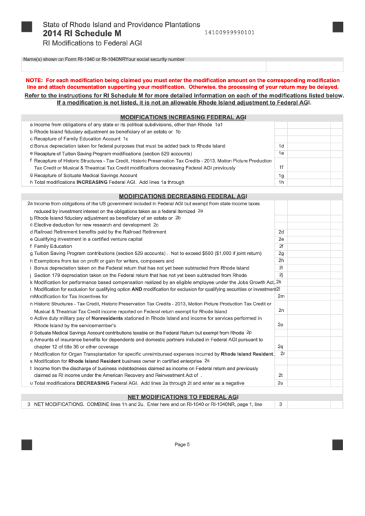 Fillable Schedule M - Ri Modifications To Federal Agi - 2014 Printable pdf