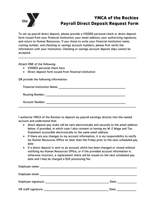 Payroll Direct Deposit Request Form - Ymca Of The Rockies Printable pdf