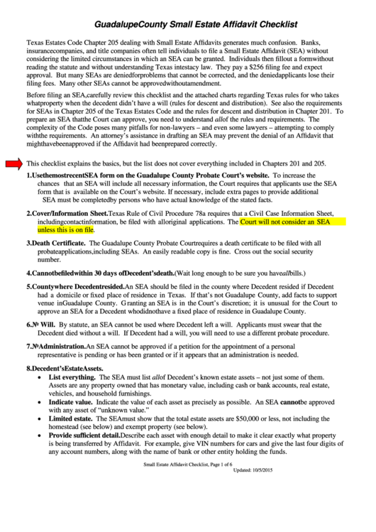 Guadalupe County Small Estate Affidavit Checklist Printable pdf