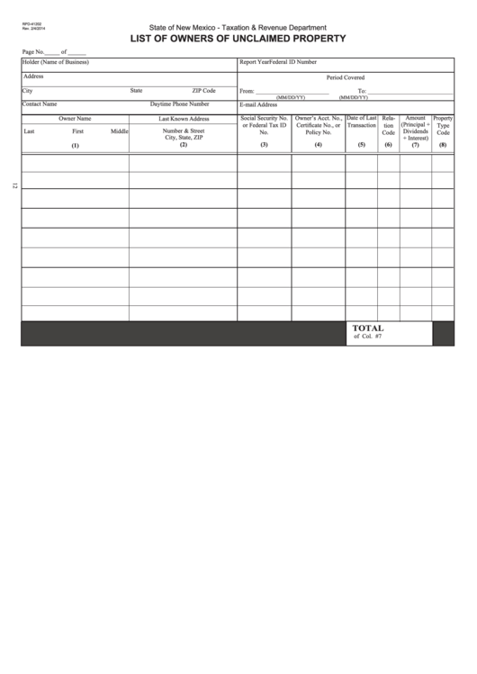Form Rpd-41202 - List Of Owners Of Unclaimed Property - 2014 Printable pdf