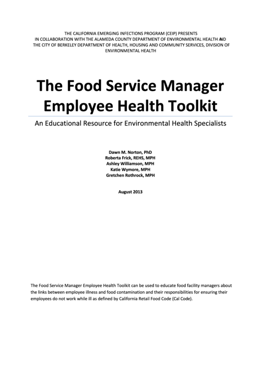 The Food Service Manager Employee Health Toolkit Printable pdf