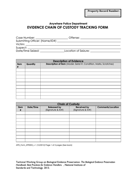 Evidence Chain Of Custody Tracking Form printable pdf download