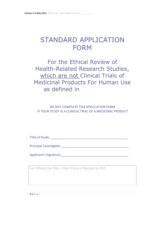 Standard Application Form For The Ethical Review Of Health-Related Research Studies, Which Are Not Clinical Trials Of Medicinal Products For Human Use As Defined In S.i. 190/2004 Printable pdf