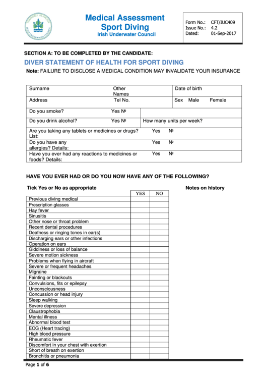 Medical Assessment Form For Fitness To Dive Printable pdf