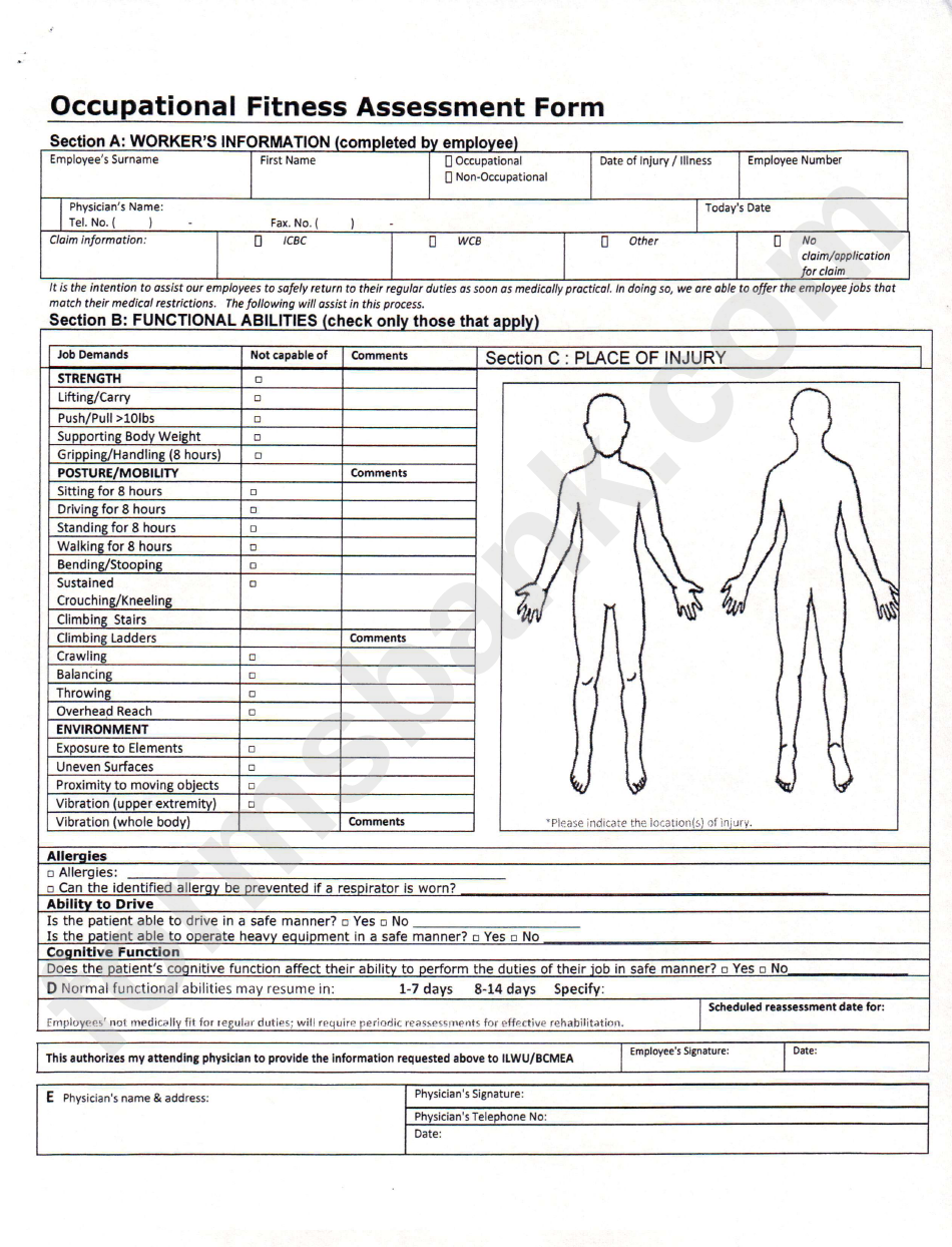 Occupational Fitness Assessment Form Printable Pdf Download