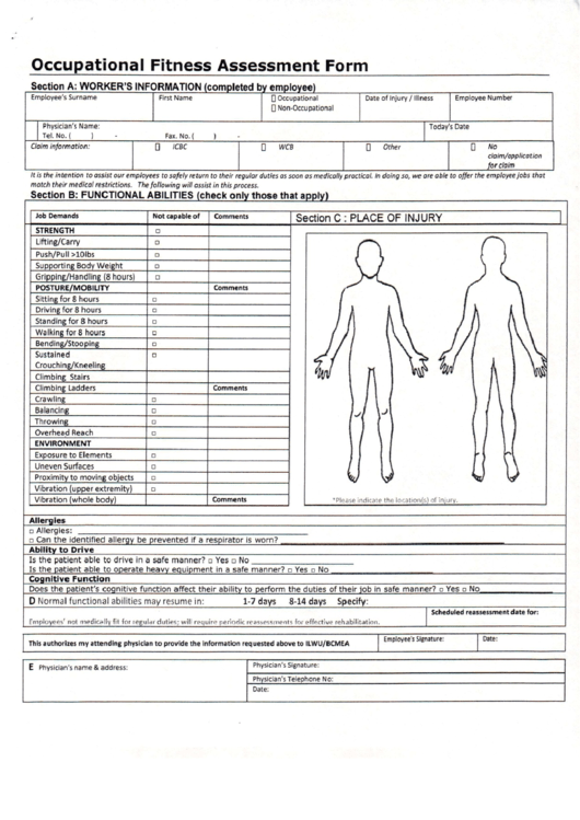 Occupational Fitness Assessment Form Printable pdf