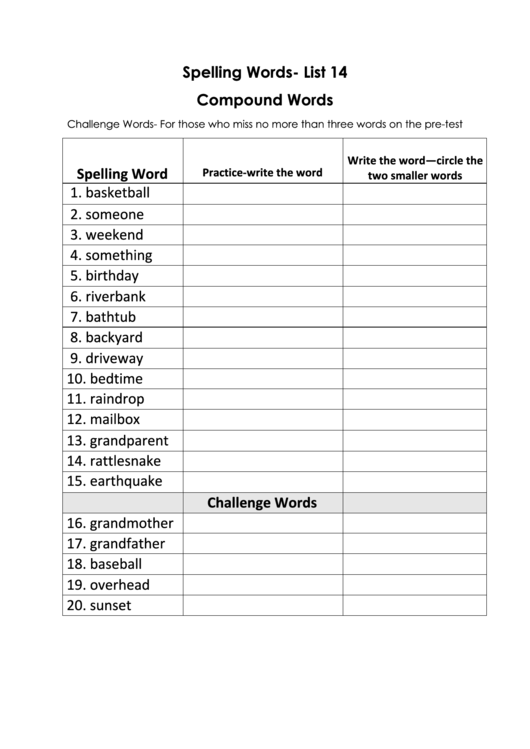 Spelling Words - Compound Words Worksheet Printable pdf