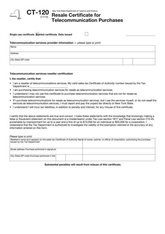 Form Ct-120 - Resale Certificate For Telecommunication Purchases Printable pdf