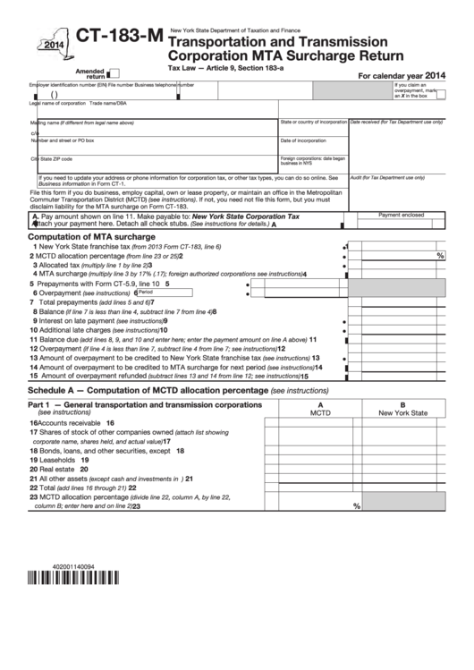 Fillable Form Ct-183-M - Transportation And Transmission Corporation Mta Surcharge Return - 2014 Printable pdf