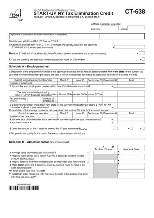 Form Ct-638 - Start-Up Ny Tax Elimination Credit - 2014 Printable pdf
