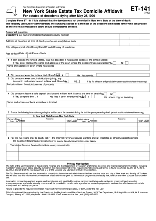 Form Et-141 - New York State Estate Tax Domicile Affidavit Printable pdf