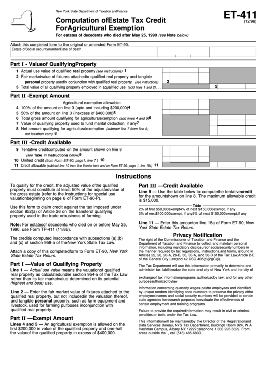 Form Et-411 - Computation Of Estate Tax Credit For Agricultural Exemption Printable pdf