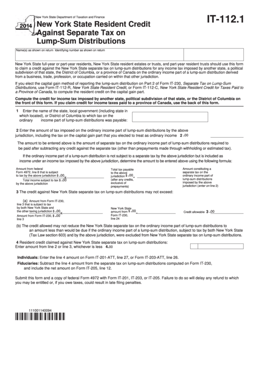 Fillable Form It-112.1 - New York State Resident Credit Against Separate Tax On Lump-Sum Distributions - 2014 Printable pdf