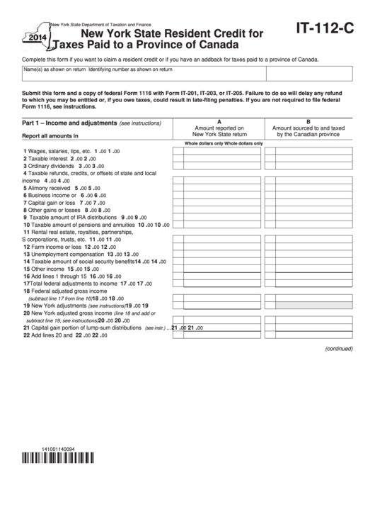 Fillable Form It-112-C - New York State Resident Credit For Taxes Paid To A Province Of Canada - 2014 Printable pdf